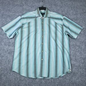 BOGOSSE Mens Short Sleeve Button Up Shirt Light Blue Geometric Stripe Size 7